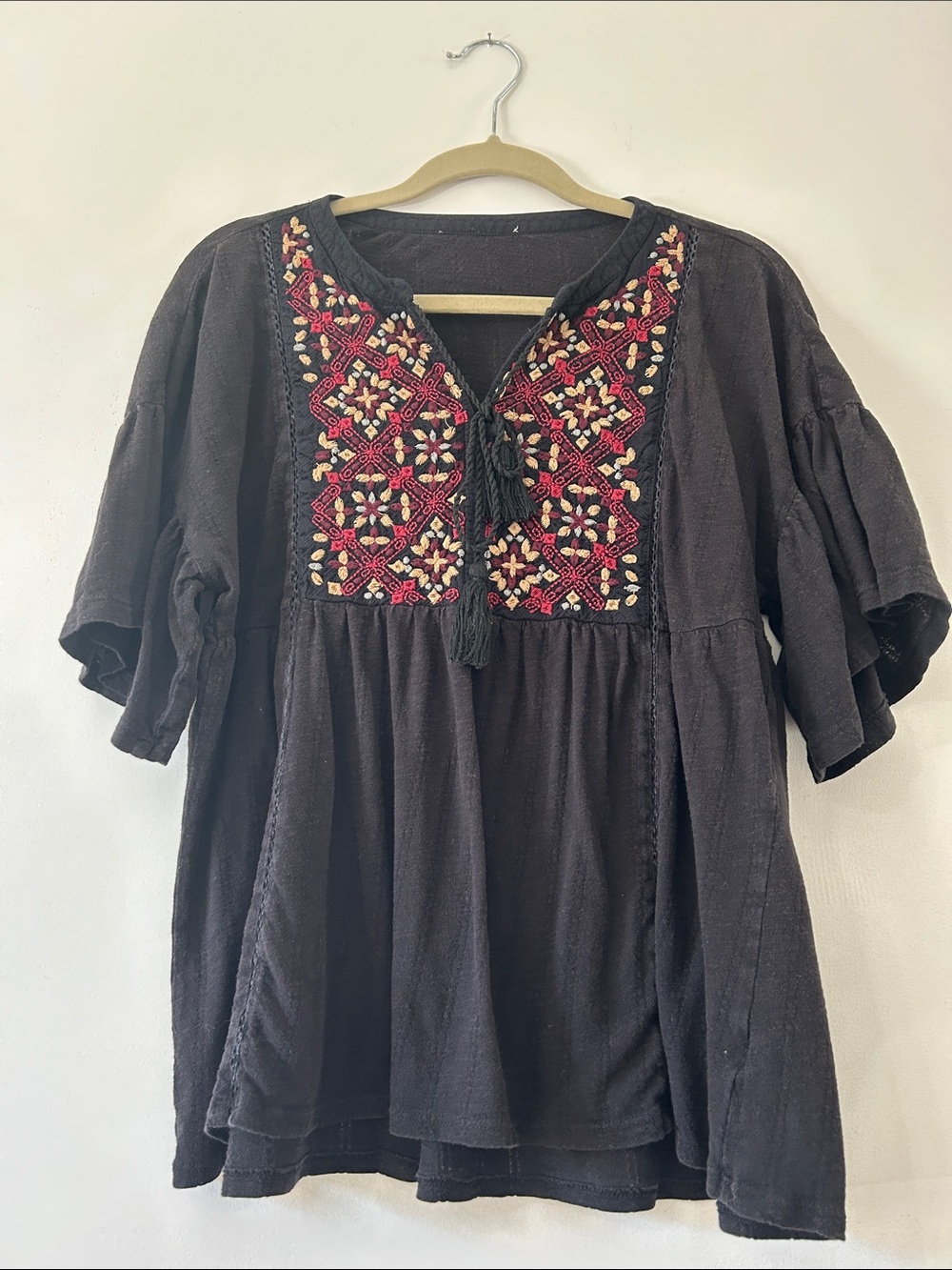 Bohemian Embroidered Flutter Sleeve Tassel Tie Front Top Flowy Feminine Hemline - Picture 11 of 11